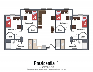 Presidential 1 4-person suite. Bedroom details in specifications section on Presidential 1 page.