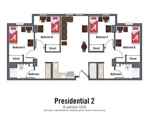 Presidential 2 4-person suite. Bedroom details in specifications section on Presidential 2 page.